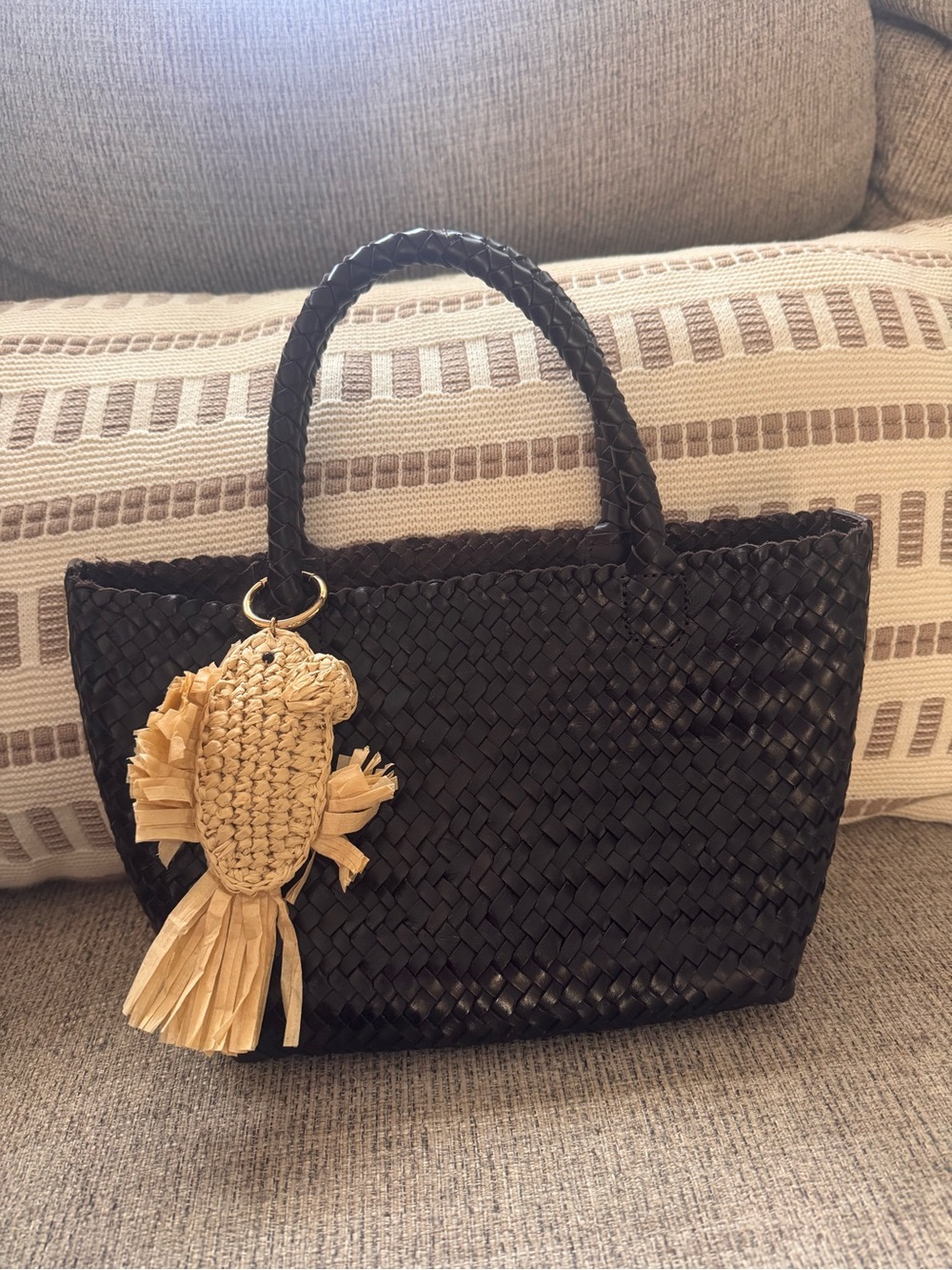 Madewell Black Woven Mini Tote with Natural Raffia Charm